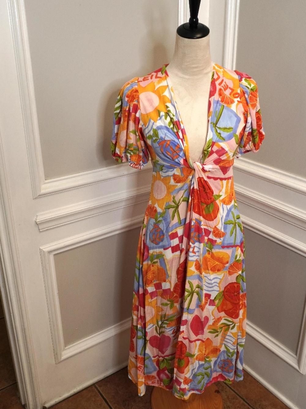 White Closet Elements Floral Fruit Midi Dress, Size XS